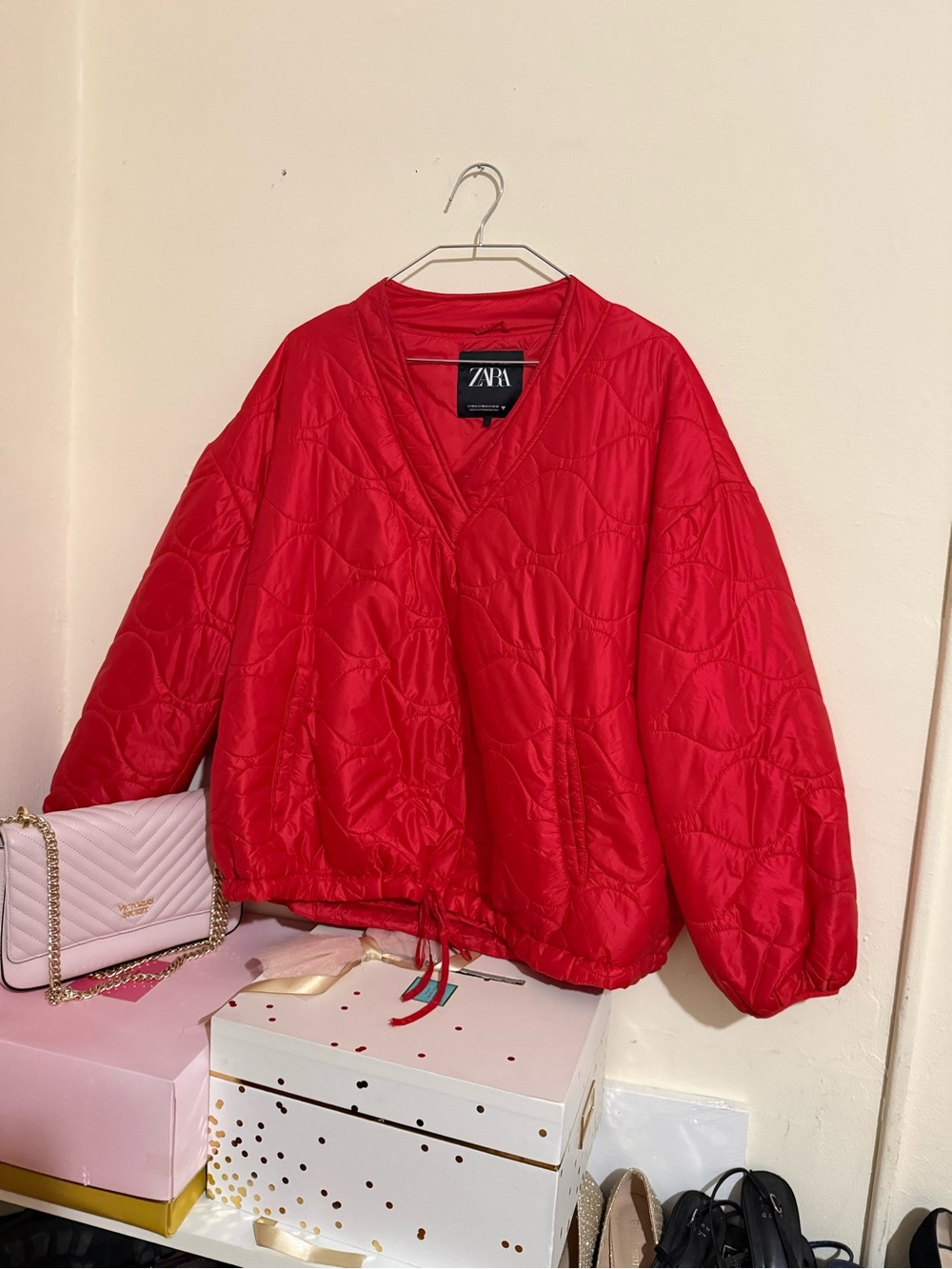Zara Bright Red Quilted V-Neck Puffer Jacket